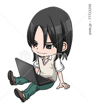 パソコンを足に乗せる髪が長い制服を着た男子学生のイラスト素材