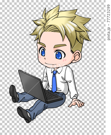 Blond man in a long-sleeved shirt with a computer on his feet 77723299