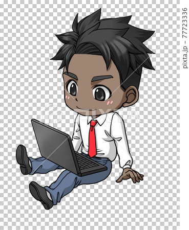 一位身穿長袖襯衫、腳上有電腦的男性上班族 77723336