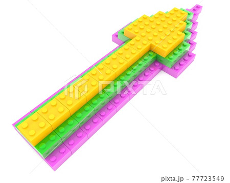 Three different colored arrows of toy bricks on top of each other Three different colored arrows of toy bricks on top of each other 77723549