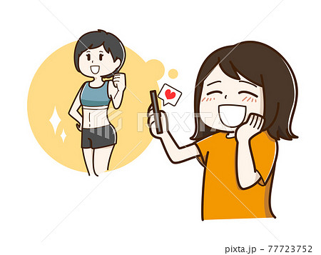 憧れの人のsnsに いいね を押す女性のイラストのイラスト素材