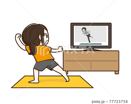 自宅で動画を見ながら運動する女性のイラスト素材