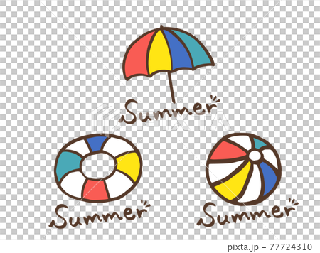 かわいい海水浴 浮き輪 パラソル ビーチボール 夏 Summer 手書き文字イラスト素材のイラスト素材