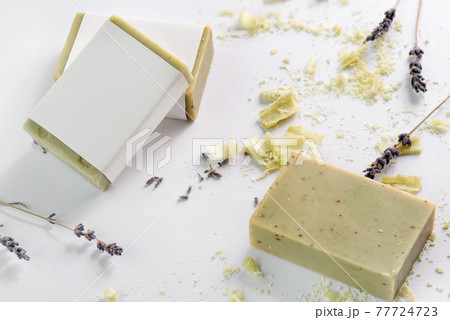 closeup of natural herbal soap mockup with lavender 77724723