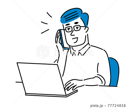パソコン操作しながら携帯で話すメガネの男性のイラスト素材のイラスト素材