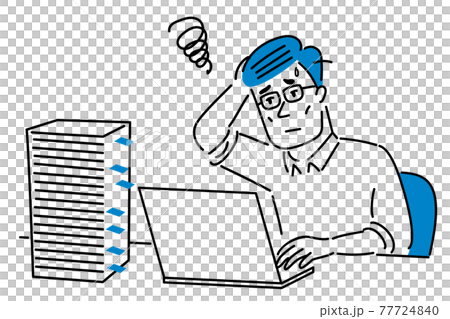 Illustration material of a man with glasses wrestling with a pile of materials 77724840