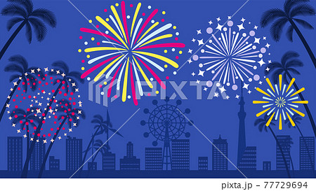 打ち上げ花火 花火大会 夜 夏の風景のイラスト素材
