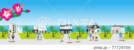 夏の風景 海辺の住宅街 横長のイラスト素材