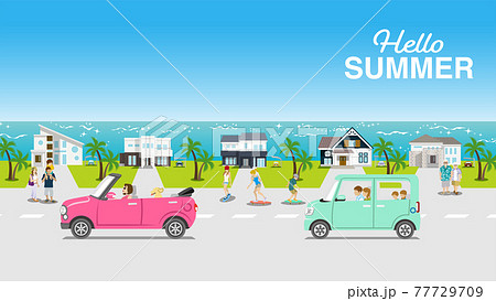 夏の風景　海辺の住宅街をドライブする車　人物付き　文字入り"Hello SUMMER" 77729709