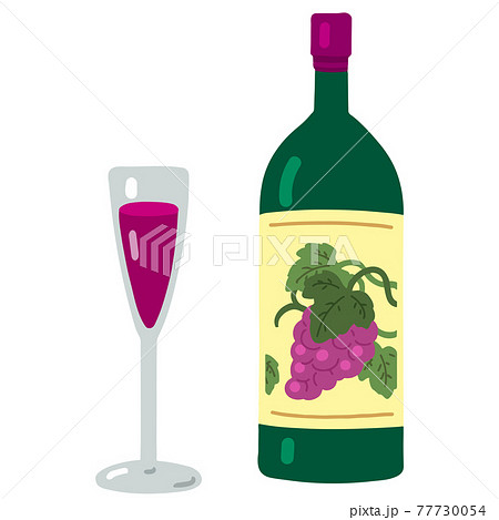 手描きのシンプルなワインボトルとワイングラスのイラスト 主線なしのイラスト素材