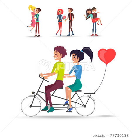 Concept of Couples in Love Ride Bicycle on White 77730158