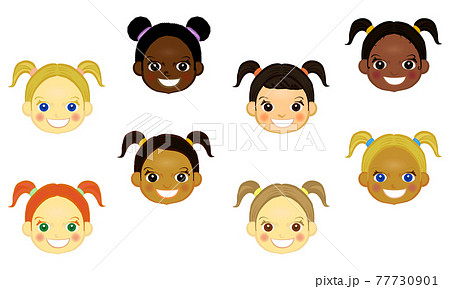 世界のツインポニーテールで笑顔な女の子の顔のイラスト素材