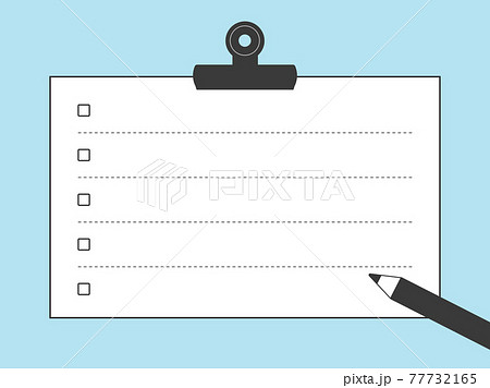 メモ用紙 チェックリストのフレームイラスト 目玉クリップ 鉛筆 モノクロ 水色背景 横長ver のイラスト素材
