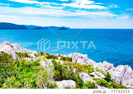 和歌山県日高郡由良町にある白い石灰岩の海岸と青い海が見れる日本のエーゲ海こと白崎海洋公園の風景 77732253