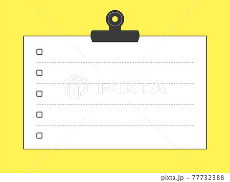 メモ用紙 チェックリストのフレームイラスト 目玉クリップ モノクロ 黄色背景 横長ver のイラスト素材