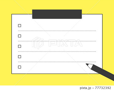 メモ用紙 チェックリストのフレームイラスト マスキングテープ 鉛筆 モノクロ 黄色背景 横長ver のイラスト素材