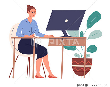 Woman sits at her desk in her workplace and works Woman sits at her desk in her workplace and works 77733028