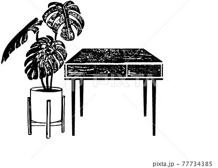 インテリアの手描きイラスト 観葉植物と机のイラスト のイラスト素材