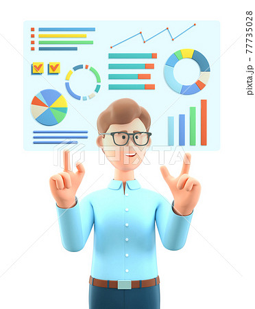 3D illustration of man creating a dashboard and interacting with graphs. 3D illustration of man creating a dashboard and interacting with graphs. 77735028