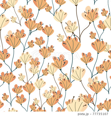 Spring nature seamless pattern with orange random doodle flowers elements. White background. Simple print. Spring nature seamless pattern with orange random doodle flowers elements. White background. Simple print. 77735107