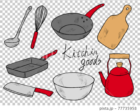 料理道具やキッチン道具の赤い手書きイラストイメージのイラスト素材