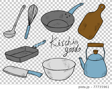 料理道具やキッチン道具の青い手書きイラストイメージのイラスト素材