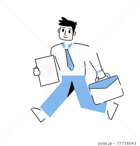 Business character is rushing to work with suitcase. Running man in suit with document file. Office worker. Active movement and deadline. Trendy geometric outline cartoon illustration Business character is rushing to work with suitcase. Running man in suit with document file. Office worker. Active movement and deadline. Trendy geometric outline cartoon illustration 77736043