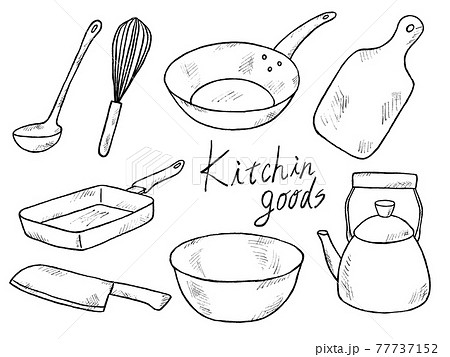 料理道具やキッチン道具の白黒手書きイラストイメージのイラスト素材