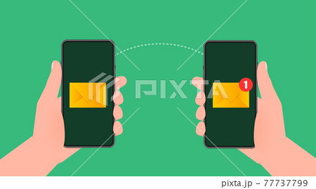 Modern flat icon with file transfer from smartphone to smartphone on green background. Document icon vector. Isometric vector. 77737799