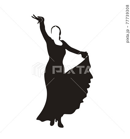 Flamenco black and white vector stock illustration. Silhouette of a dancer in a dress. Traditional Spanish dance. Isolated on a white background.  77739308