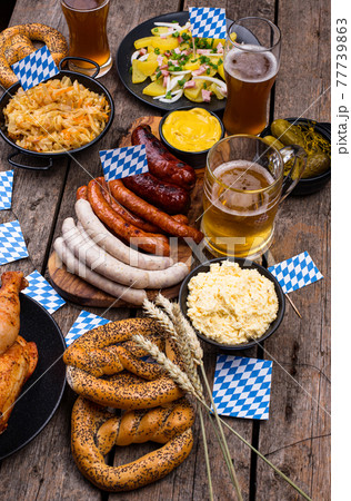 Oktoberfest dishes with beer, pretzel and sausage 77739863