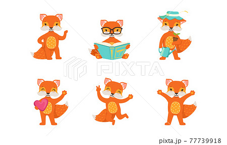 Cute Little Fox Reading Book, Gardening and Waving Paw Vector Set Cute Little Fox Reading Book, Gardening and Waving Paw Vector Set 77739918