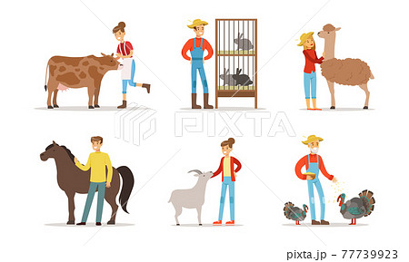 Farmers Breeding Livestock Feeding Farm Animals Vector Set 77739923