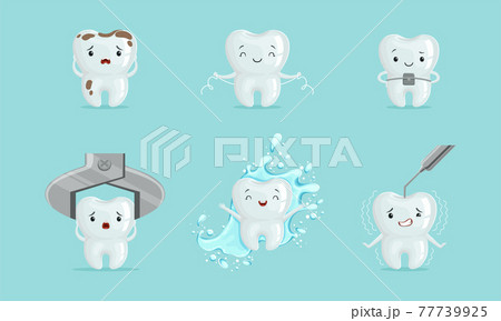 Cute White Tooth Character with Brace and Splashing in Water Vector Set 77739925
