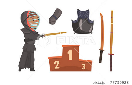 Kendo or Sword Path Attributes as Modern Japanese Martial Art with Bamboo Swords and Equipped Man in Helmet Vector Set Kendo or Sword Path Attributes as Modern Japanese Martial Art with Bamboo Swords and Equipped Man in Helmet Vector Set 77739928
