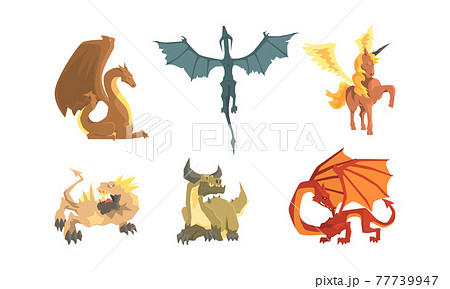 Fantastic Creatures With Fire Breathing Dragon のイラスト素材