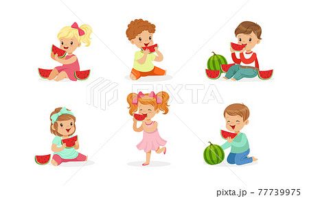 Cute Little Kids Eating Sweet and Juicy Watermelon Vector Set 77739975