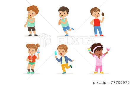 Joyful Boy and Girl Character Holding Fruity Ice Cream on Stick Vector Set 77739976