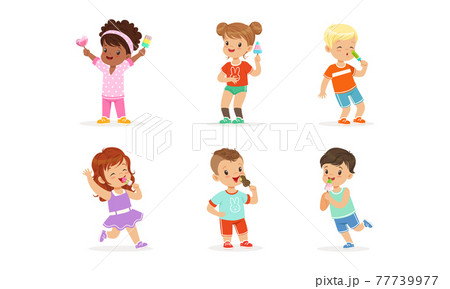 Joyful Boy and Girl Character Holding Fruity Ice Cream on Stick Vector Set 77739977
