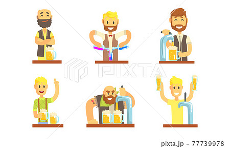 Man Bartender or Barkeep Serving Alcoholic or Soft Drink Beverages Behind the Bar Vector Set 77739978