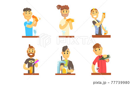 Man Bartender or Barkeep Serving Alcoholic or Soft Drink Beverages Behind the Bar Vector Set 77739980
