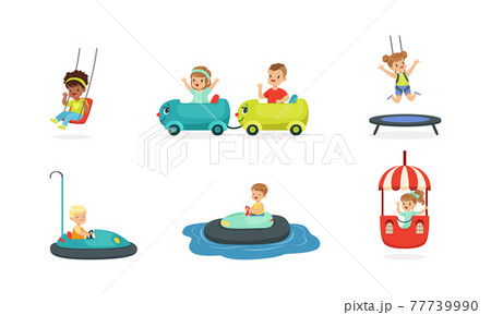 Cheerful Boy and Girl Having Fairground or Carousel Ride and Laughing Vector Set Cheerful Boy and Girl Having Fairground or Carousel Ride and Laughing Vector Set 77739990