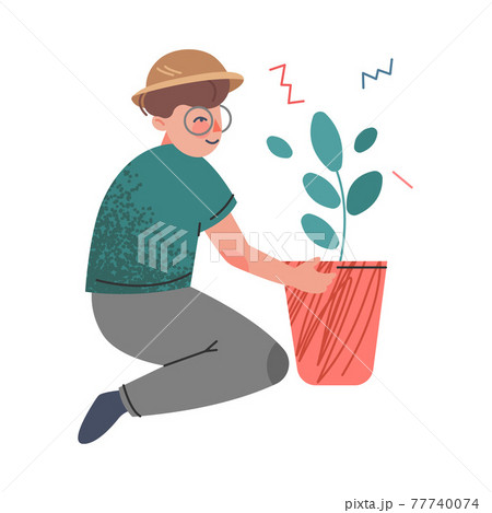 Cute Boy with Flowerpot, Kids Hobby, Volunteering, Education Concept Cartoon Vector Illustration 77740074