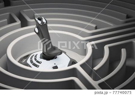 Video game addiction concept. Game controller at center of dark maze, 3D rendering 77740075