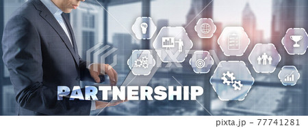 Business partnership and success concept. Businessman presses finger partnership Business partnership and success concept. Businessman presses finger partnership 77741281