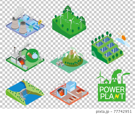 発電所のアイソメトリックイラストセットのイラスト素材