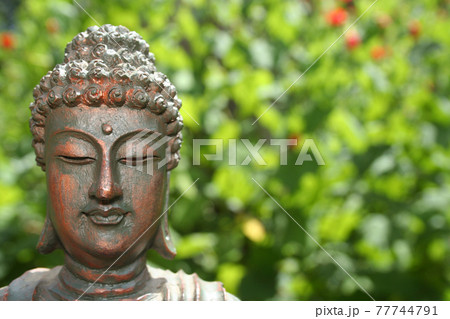 Buddha Statue in Outdoor Garden With Blurred Background 77744791