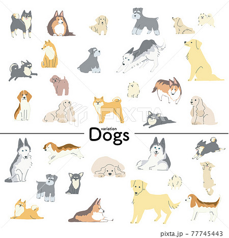 さまざまな表情とポーズの犬たちのイラスト 77745443
