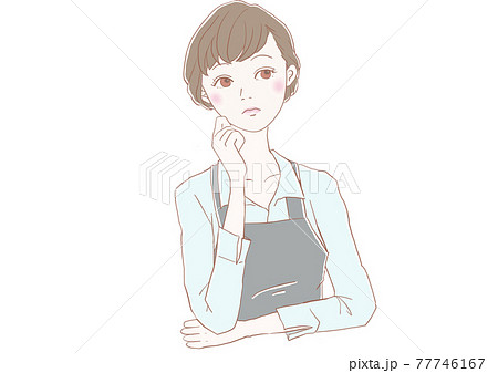 エプロン姿で顎に手を当てて考え事をしているショートカットの女性のイラスト素材