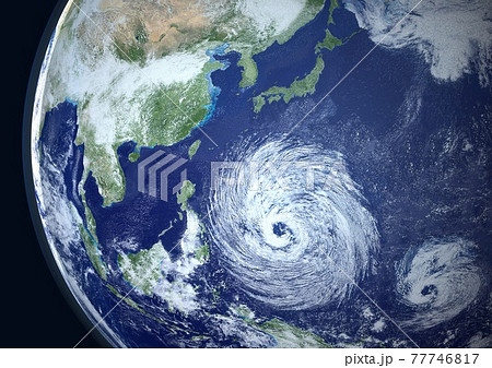 地球 日本付近に超巨大台風と 発生したてのもうひとつの台風 アップのイラスト素材